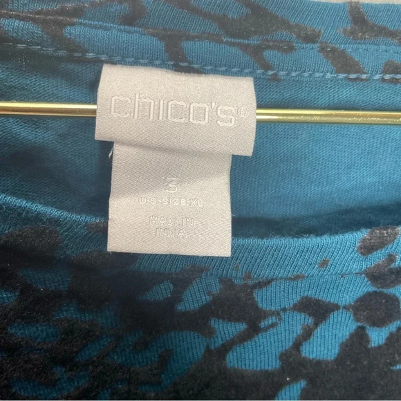 Chicos Velvet Burnout Flocked Sleeve Bohemian Teal Black Top - Picture 7 of 9